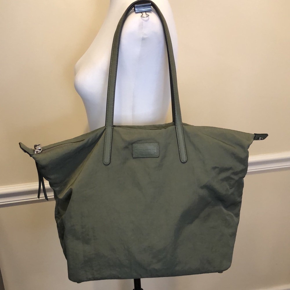 REBECCA MINKOFF Olive Green Nylon Top Zipper Shoulder Bag Leather Straps - Picture 3 of 16